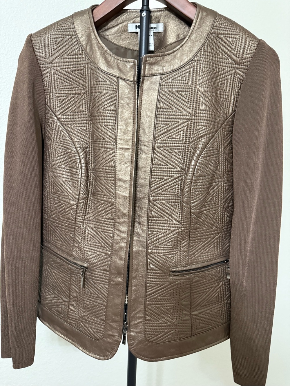 Metallic Brown Quilted-Front Leather Jacket
